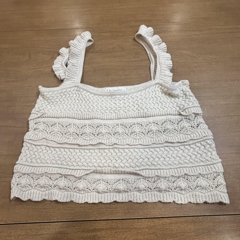 Whimsical Tank Top Womens Large Wheat 100% Cotton Knit Ruffle Cropped Summer‎